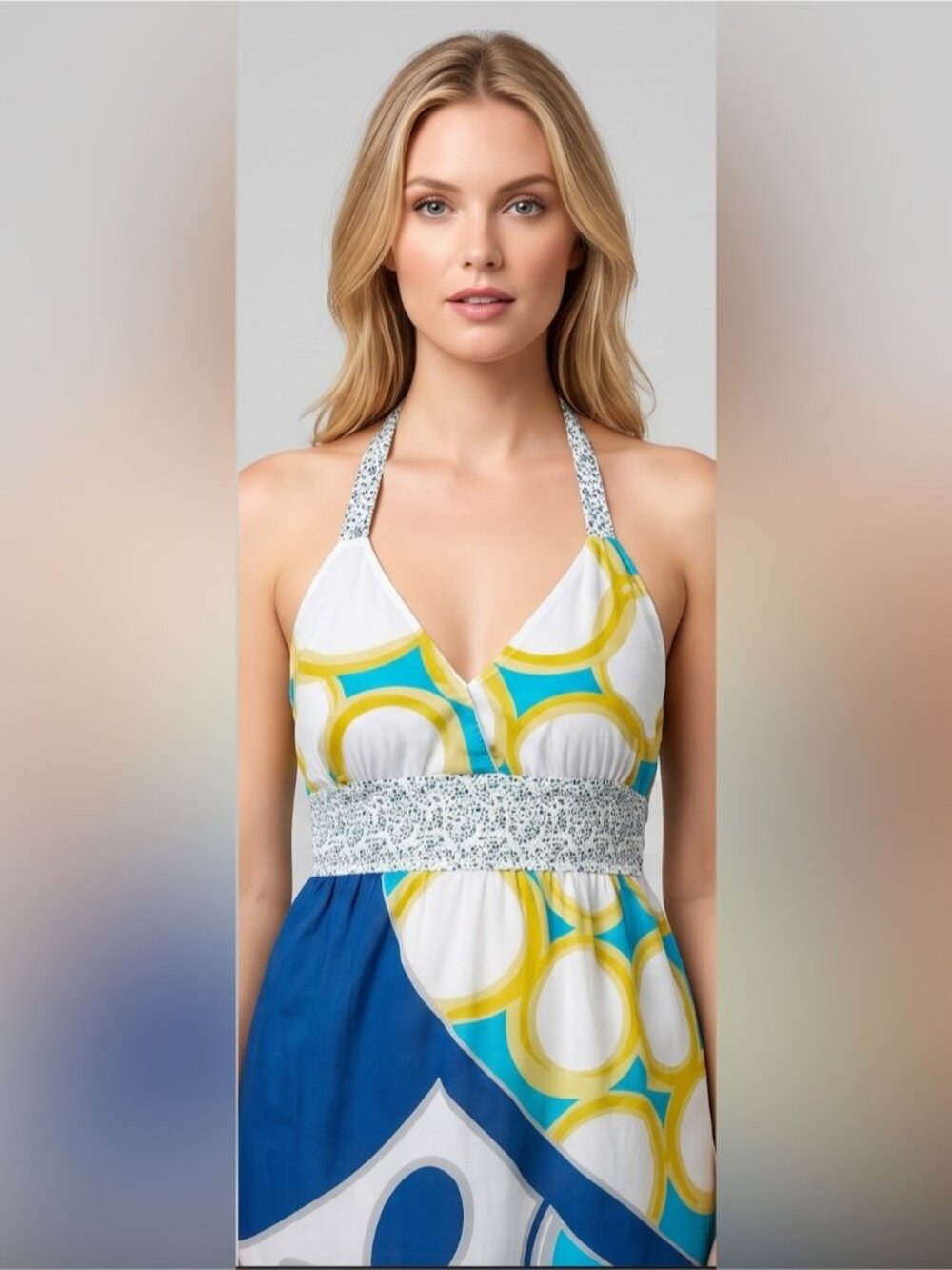 ROXY Geometric Abstract Halter Dress Crochet Lace Trim Ruffle Blue Yellow - Picture 2 of 8